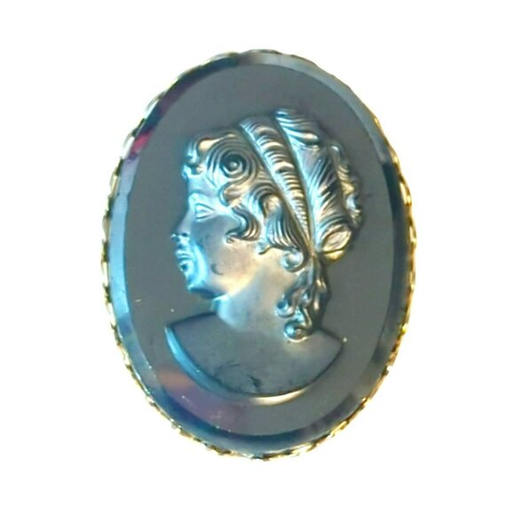 Vintage Black Glass Cameo Gold Tone Scarf Ring Clip - Picture 1 of 5
